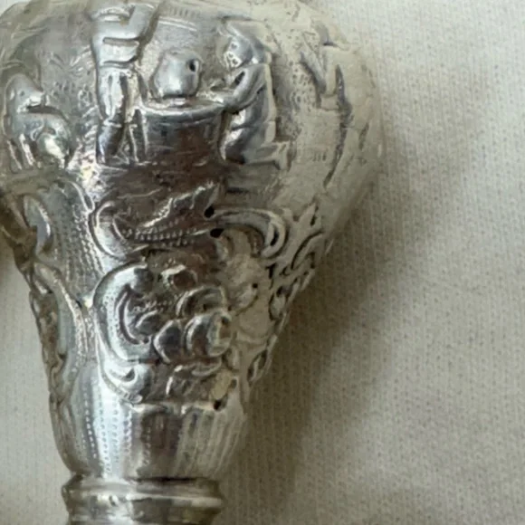 Antique Coin Silver Repousse Salt & Pepper Shakers Figural Dancing Scene 19c